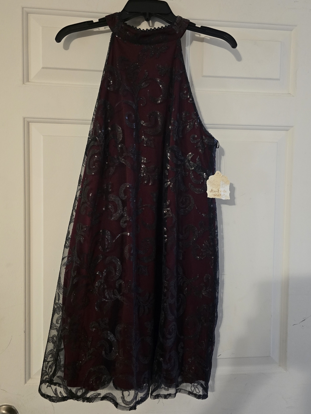Altar'd State Embellished Halter Party Dress in Deep Burgundy and Black Lace - Picture 1 of 9